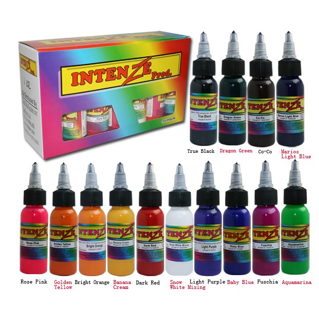 Set 14 màu mực tập xăm trên da giả, mực tập Intenze