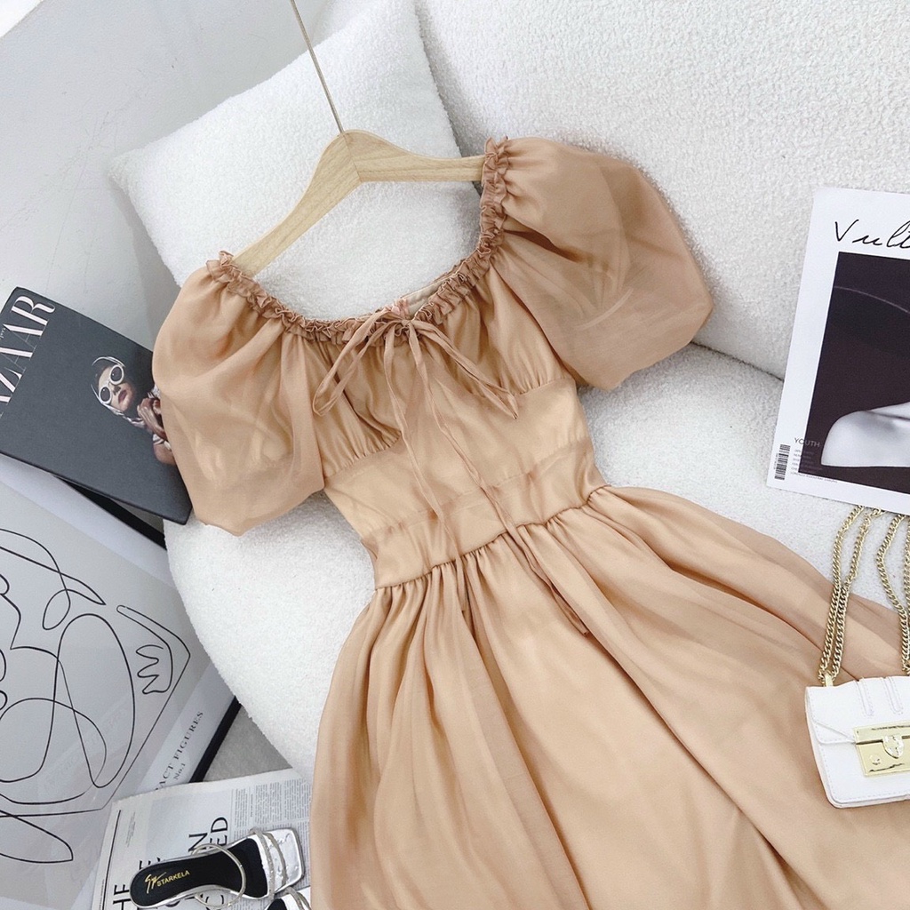 Đầm Maxi Nâu Tây 💖DEMISS💖 Váy Maxi Nâu Tây Viền Bèo Tay Phồng Dạo Phố Đi Biển - V-NÂU-26