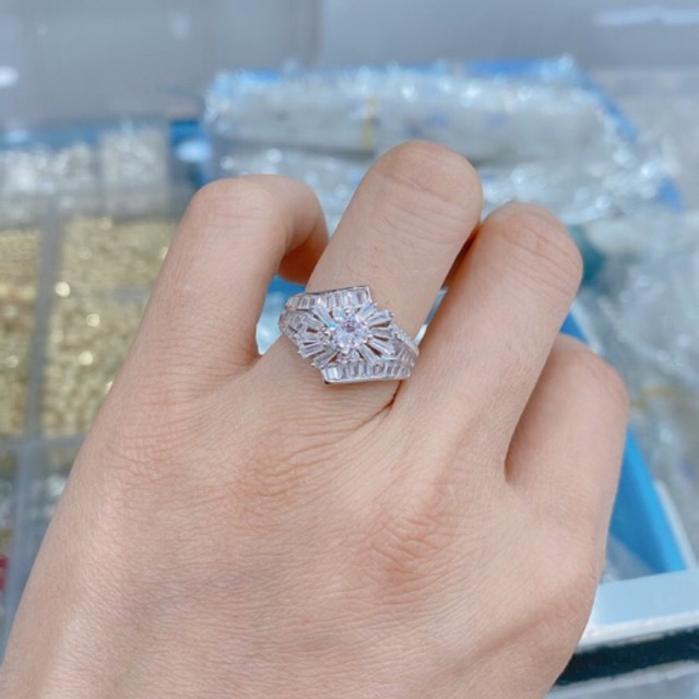 Nhẫn nữ bạc chuẩn đai kép nạm đá