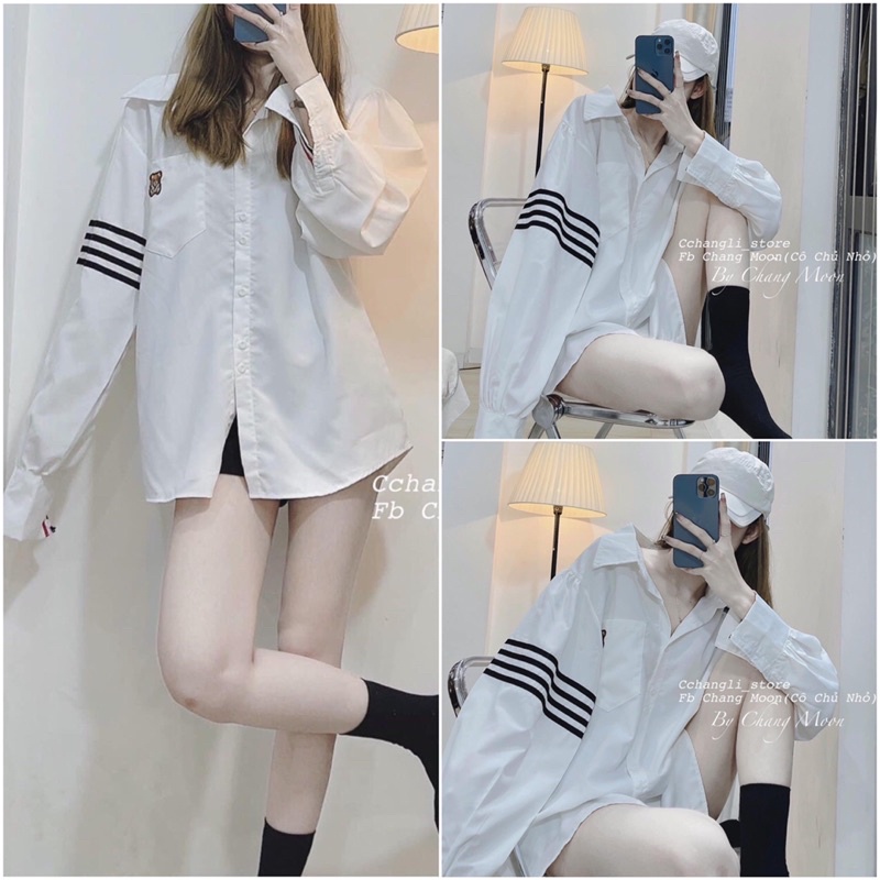 Áo sơ mi trắng dài tay ba sọc thêu hình gâu free size Áo sơ mi nữ from thụng unisex ( ảnh thật )