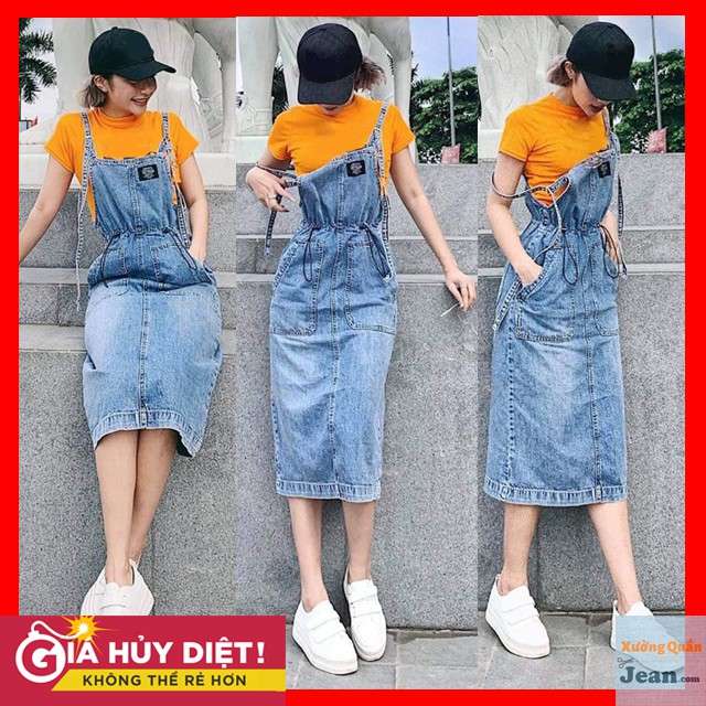 Yếm Váy Jeans Nữ Chất Bò Phối 2 Túi Trước Kèm Dây Rút Eo Mang Phong Cách Ulzzang Hàn Quốc - 425