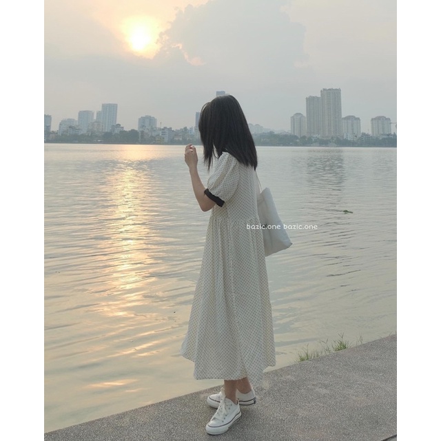 Váy babydoll dài Chấm Bi nhí, váy babydoll dài Hàn Quốc Bazic one