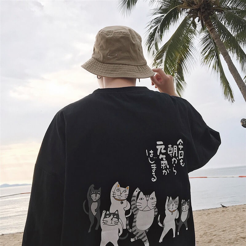 Áo T-shirt nam, cổ tròn, cộc tay, họa tiết mặt mèo, kiểu dáng thời trang, phong cách Hàn Quốc, phù hợp cho mùa hè, kiểu