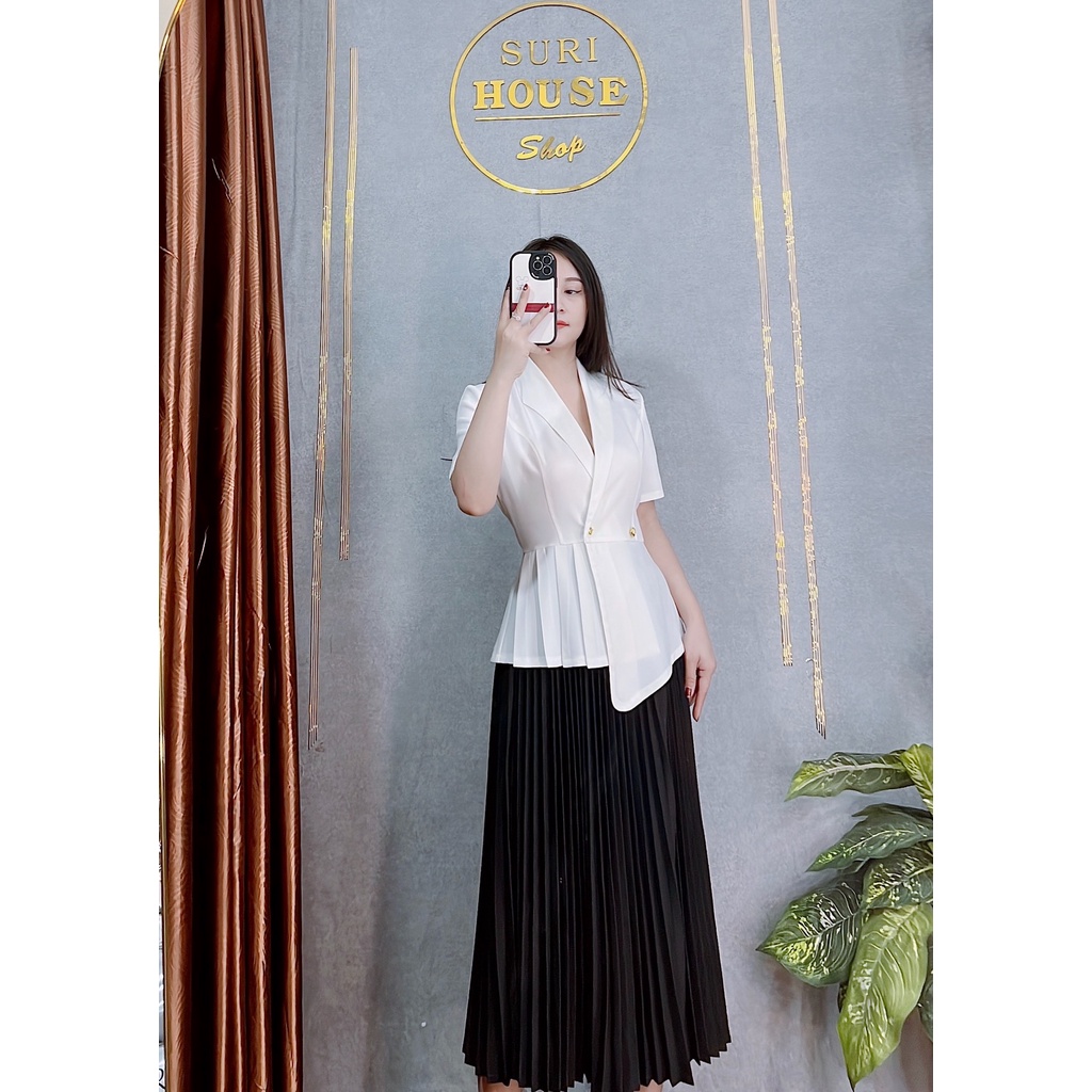 Áo Cổ Vest Peplum xếp ly 2 nút, chất chéo hàn cao cấp