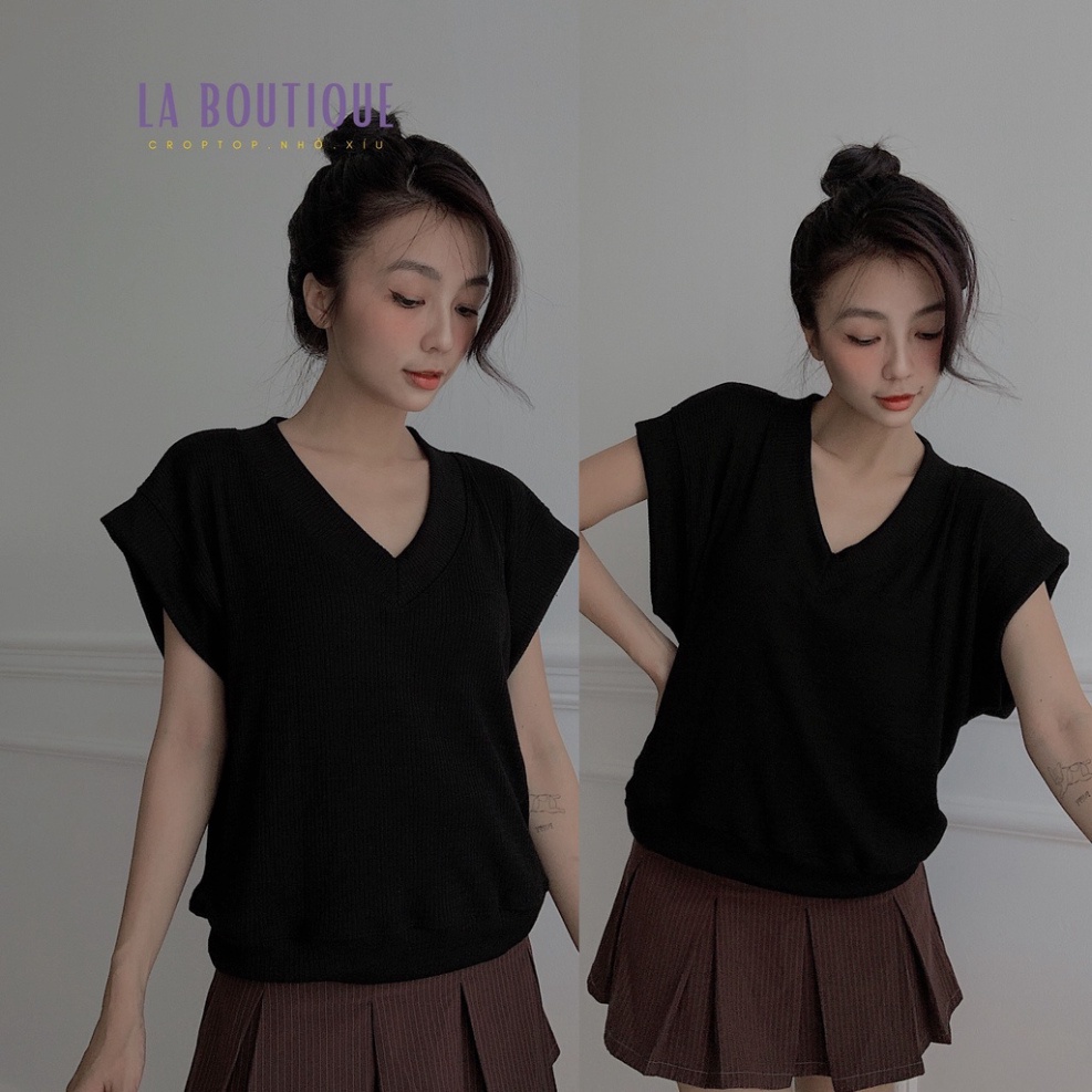 Áo gile form rộng cổ tim La Boutique len gân ấm áp | LA BOUTIQUE 2 LA18