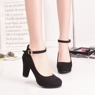 Giày Cao Gót 9cm Da Lộn Mũi Tròn Đế Dày Phối Khóa Phong Cách Hàn Quốc