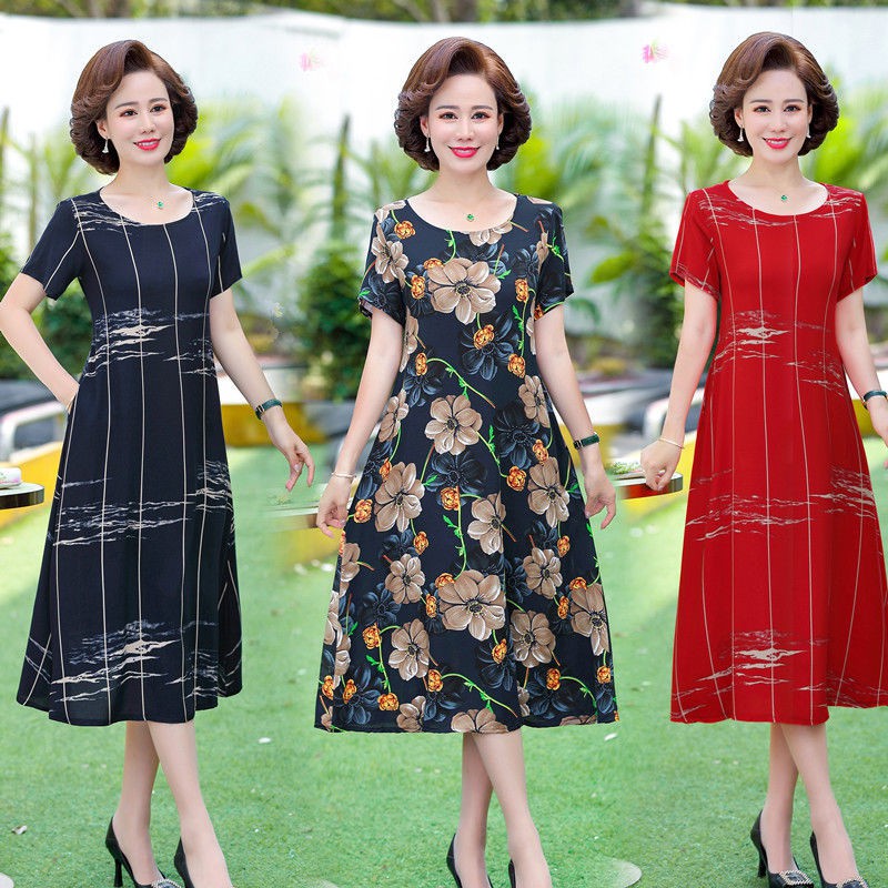 váy nữ ngắn tay mùa hè mới lụa cotton mẹ rộng và mỏng kích thước lớn trung niên cao tuổi dài