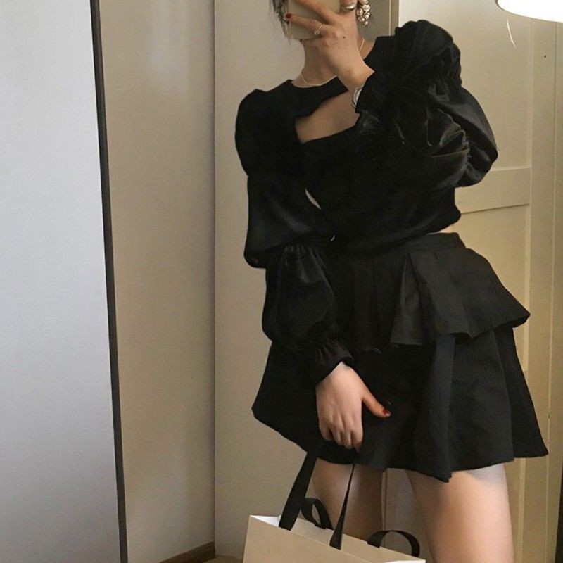 Áo kiểu chất nhung xẻ ngực tay bồng bèo nhún ulzzang sexy - Có ảnh thật
