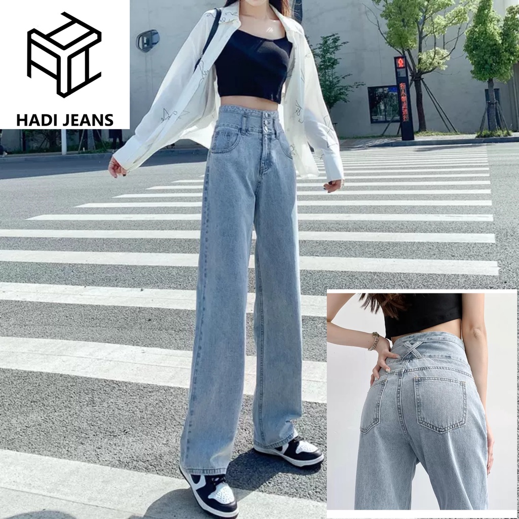 [ VIDEO THẬT ] QUẦN JEANS ỐNG RỘNG NỮ LƯNG CAO 3 NÚT LƯNG XẺ PHỐI CHÉO NHÂN PHÍA SAU MÀU XANH NHẠT LAI CUỐN CAO CẤP HADI