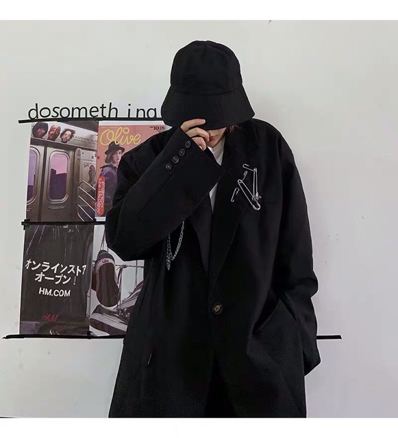 Áo blazer đen oversize form rộng kèm phụ kiện chuỗi + ghim băng unisex Ulzzang siêu chất ❤️