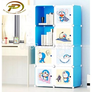 Tủ quần áo nhựa lắp ghép đa năng 8 ô sâu 37 CM ( cửa Doremon Bánh Rán- Xanh)