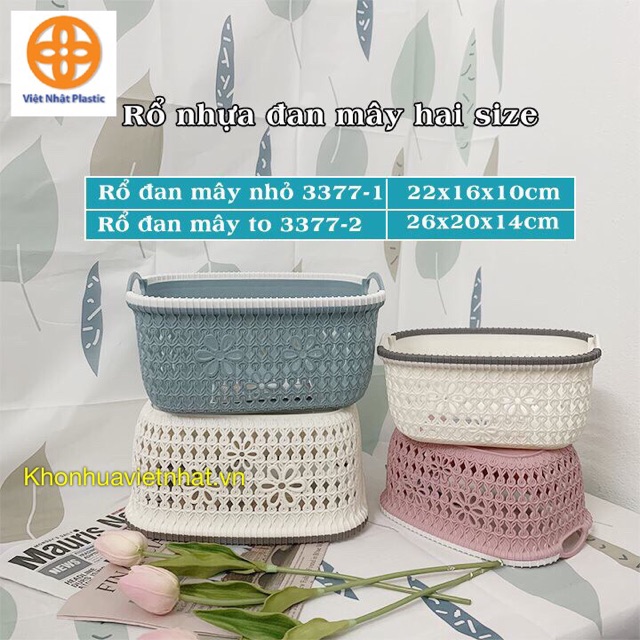 Rổ nhựa giả đan mây có quai cầm Việt Nhật, giỏ hoa 2 size màu pastel xinh xắn (MS: 3377)