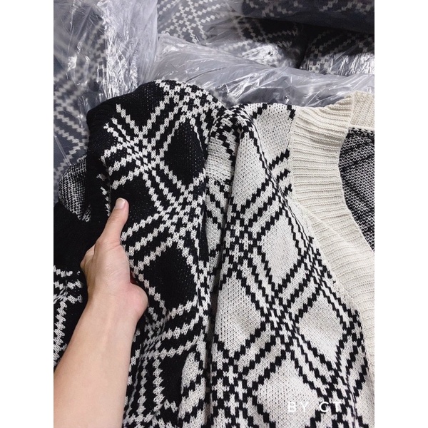 Áo Khoác Cadigan Len Kẻ Trám Đen Trắng Quảng Châu Loại 1 (hình thật) Áo Khoác Thu Đông Korea Style