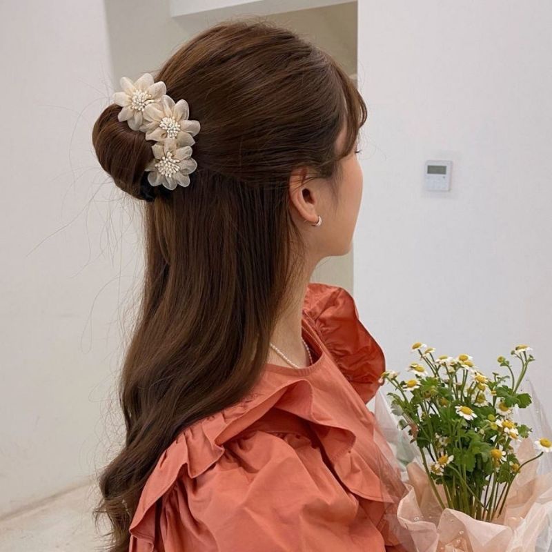 Thanh uốn búi tóc đính 3 HOA vải phong cách hàn quốc cho nữ