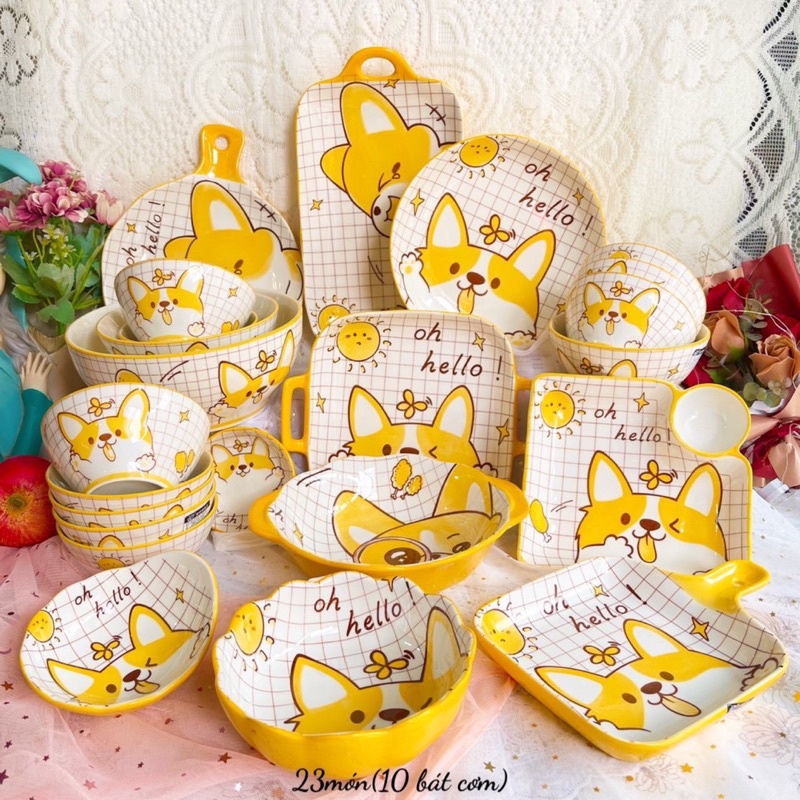 Set Bát Đĩa Decor Chén Dĩa Sứ Hoạ Tiết Chó Corgi Vàng Bát Ăn Cơm Tô Sứ Decor Dễ Thương
