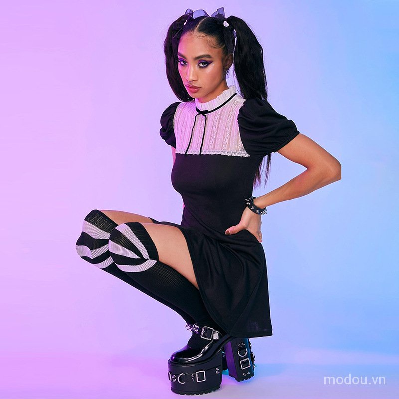 Đầm Mini Phối Ren Phong Cách Vintage Thanh Lịch Cho Nữ