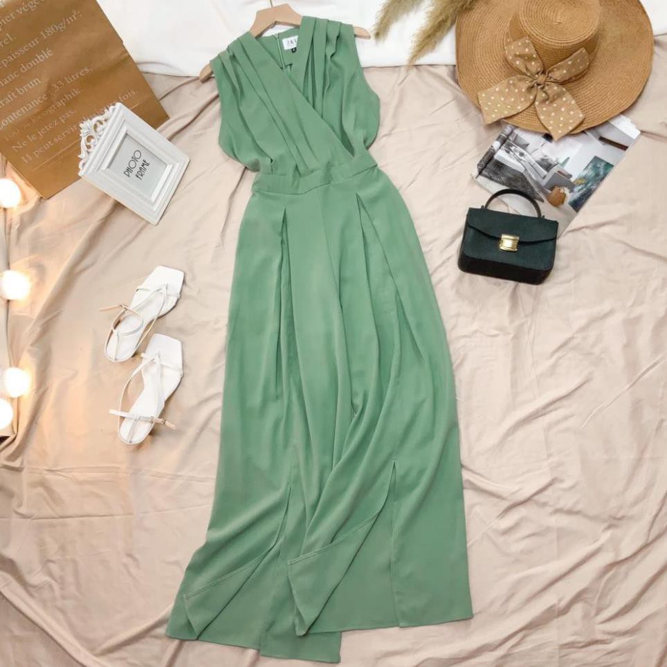 Jumpsuit - Đồ Bay Dài Trơn Cổ Đắp Chéo Xếp Ly Phối Chân Xẻ DAIN AO4175