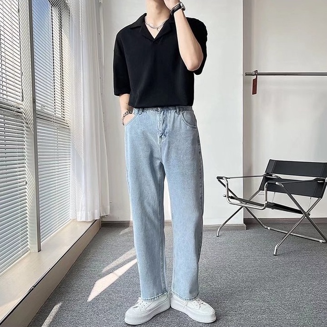 Áo polo Tay Ngắn Dáng Rộng Cổ Bẻ Co Giãn Màu Sắc Trơn Phong Cách Hàn Quốc Dành Cho Nam Sinh