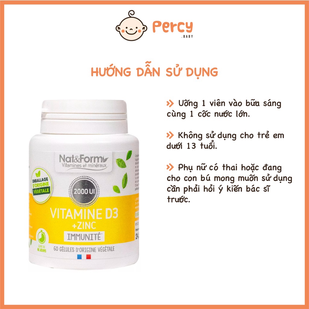 Viên Uống Nat & Form 2000 UI Vitamine D3 + Zinc Immunite 60 viên