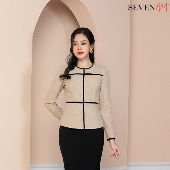 Set Bộ Áo Khoác Tay Dài Seven.AM Thô Be Vàng Chấm Bi Cổ Tròn Mã O331019H & Chân Váy Juyp Dáng A O710018H | BigBuy360 - bigbuy360.vn