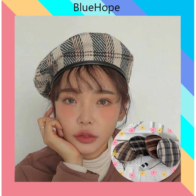 Mũ Nồi Beret NỮ TRƠN ĐƠN GIẢN HỌA TIẾT KARO 4 MÀU Chỉnh được kích thước HÀN QUỐC MN22