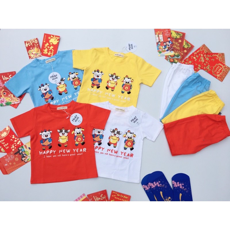 [Xả Kho] [MẪU TẾT] Bộ ngắn tay cộc tay HAPPY NEW YEAR Minky mom cotton 100% mềm mịn mát cho bé trai bé gái từ 10-32kg