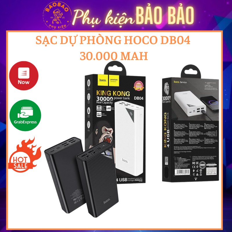 Sạc dự phòng cao cấp chính hãng Hoco DB04 - dung lượng 30.000 mAh 4 cổng sạc USB, đèn Led hiển thị phần trăm pin