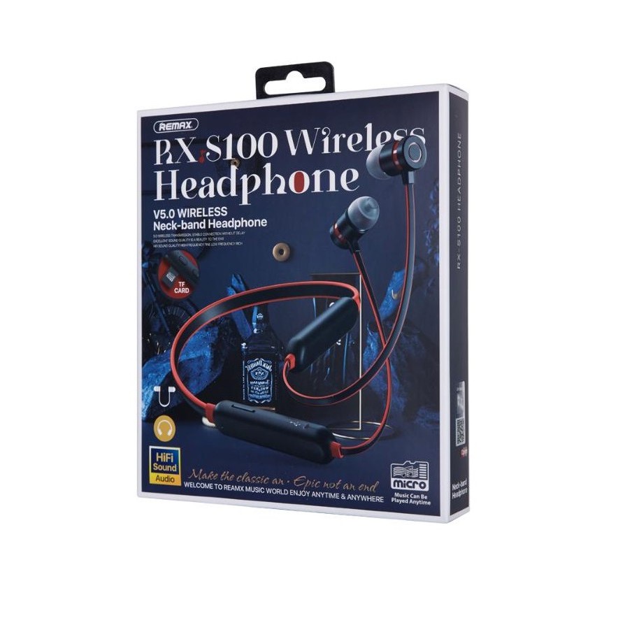 Tai nghe bluetooth Remax RX-S100 Neck-band Sports V5.0, pin dùng 10H, có khe gắn thẻ nhớ - Hãng phân phối