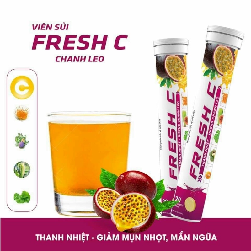 Viên sủi C multivitamin FRESH C  Hương Cam, Hương Chanh, Hương Chanh Leo, giúp tăng cường sức đề kháng.