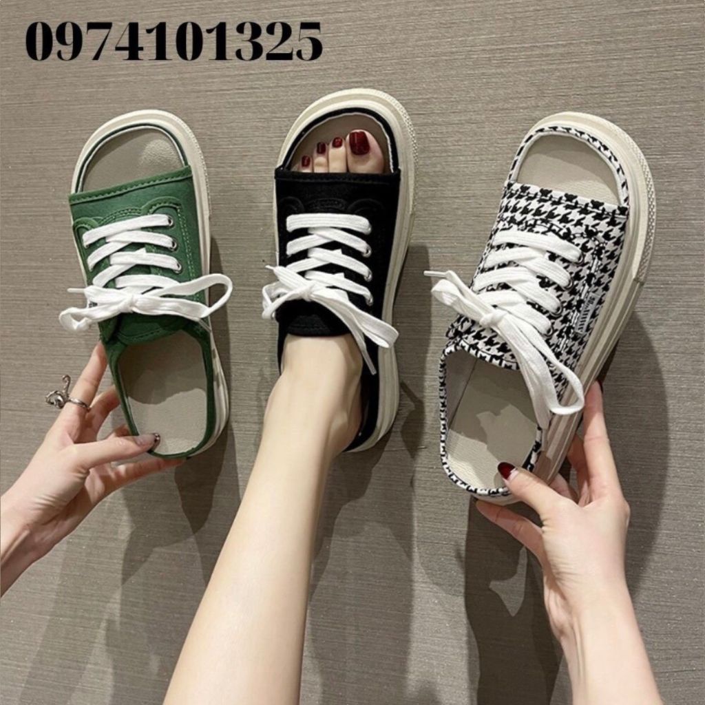 Dép quai ngang nữ dáng thể thao buộc dây , Dép thời trang nữ vải nhiều họa tiết