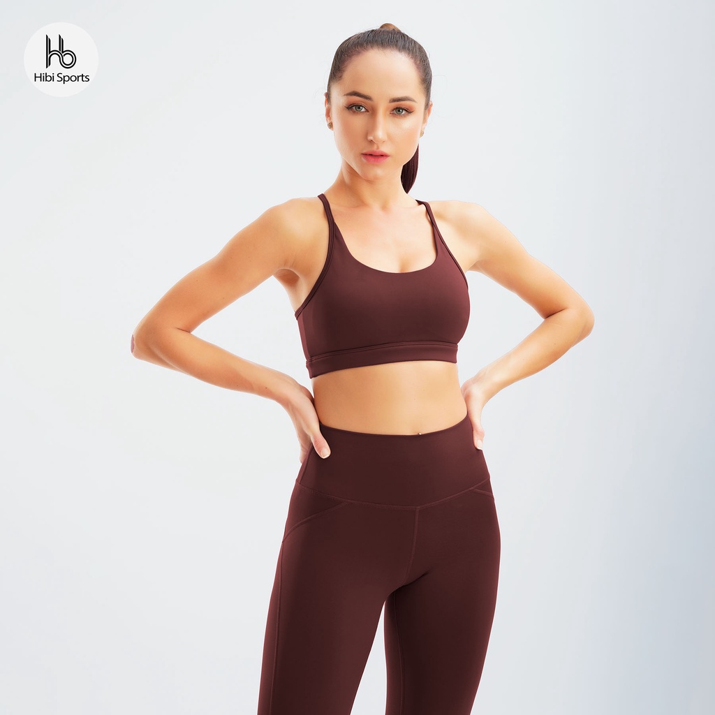 Set đồ tập yoga gym Luxury Hibi Sports H140 đan hai nơ bản to, màu Nâu kèm mút ngực, chất vải cao cấp Lu Fabric