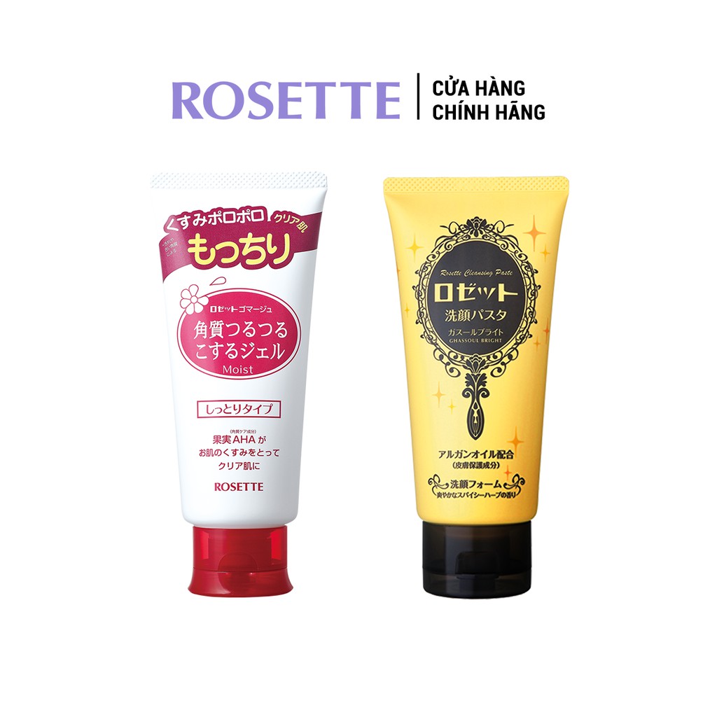 Combo Tẩy Tế Bào Chết Dành Cho Da Khô Rosette Gommage Moist 120g Và Sữa Rửa Mặt Làm Sáng Da Rosette 120g