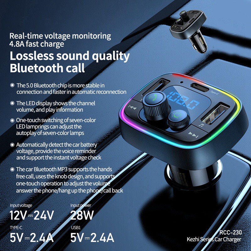 Bộ Tẩu sạc ô tô Remax RCC-230 đa chức năng USB LED màn hình có Bluetooth kết nối cuộc gọi, USB phát nhạc, nút chuyển bài