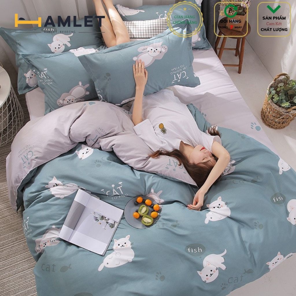 Bộ vỏ chăn ga gối Hamlet chất Cotton Poly Họa tiết Mèo Trắng Nền Xanh