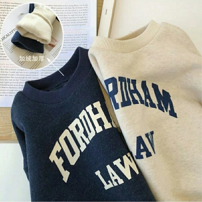 Set bộ bé trai H&M KIDS xuất xịn thun nỉ cotton lót bông cổ tròn tay dài in chữ Fordham xanh dương, xám