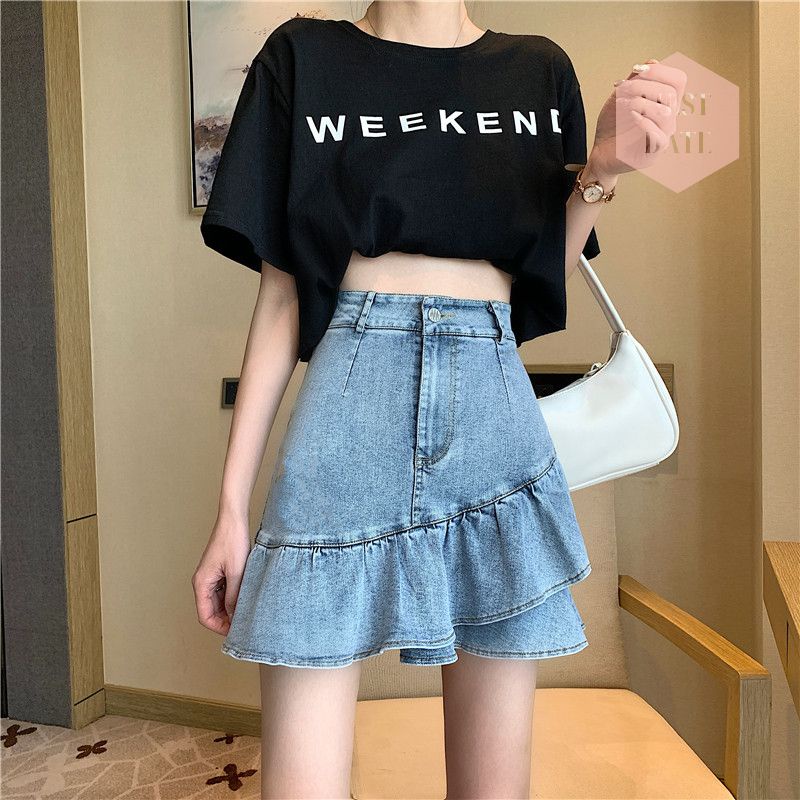 Chân váy bò Chân váy jean FIRST DATE ngắn denim nữ cạp cao hông chữ A 2 tầng đuôi cá