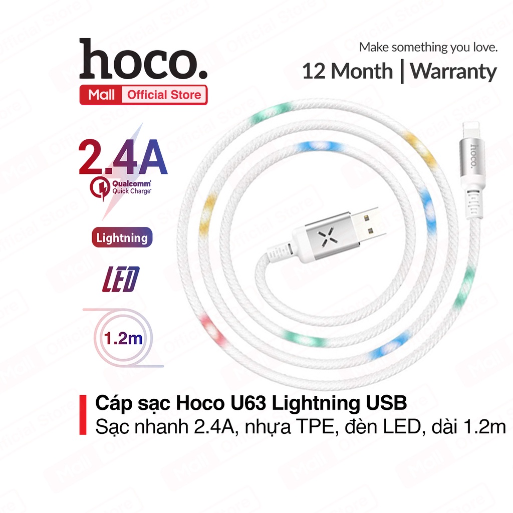 Cáp sạc Hoco U63 Lightning USB sạc nhanh 2.4A Max cho iPhone/iPad, nhựa TPE bền, đèn LED phát sáng trên dây, dài 120cm