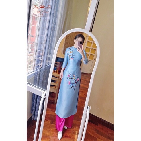 Áo dài Tafeta lụa thêu hoa hai mài xanh và hồng sen sang chảnh áo dài thêu mặc đi tiệc cưới lễ tết mẫu mới 2021