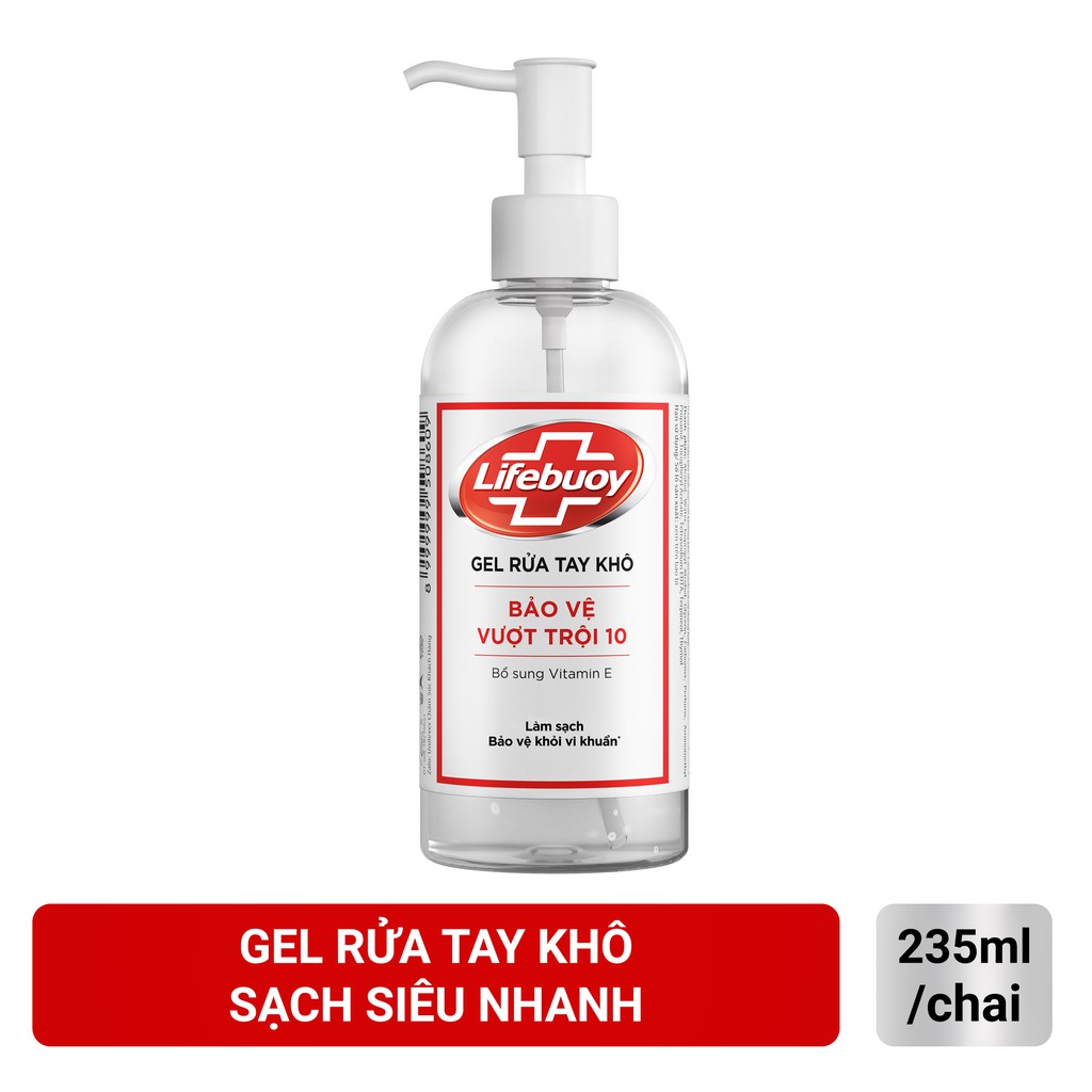 Gel rửa tay khô sạch siêu nhanh Lifebuoy bảo vệ vượt trội 10 (Chai vòi 235ml)