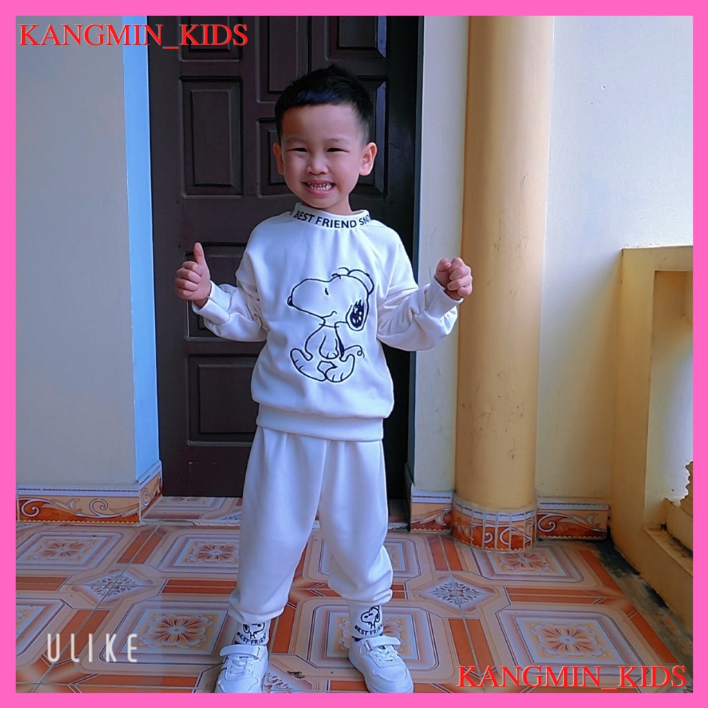 Bộ nỉ bông cho bé trai bé gái thêu hình chú chó cực xinh và cực ấm Kangmin-kids, quần áo nỉ bé trai bé gái từ 7-27kg