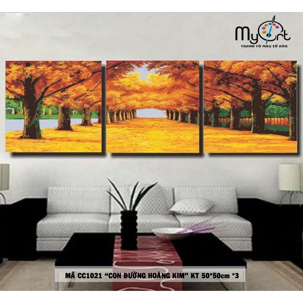 Set 3 bức tranh sơn dầu số hóa tự tô màu DIY - Mã CC1021 Con đường hoàng kim Hàng cây lá vàng mùa thu Myart