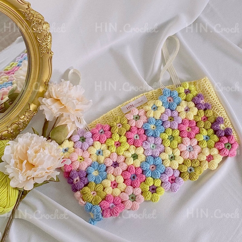HIN Croptop flower Áo hoa len ghép