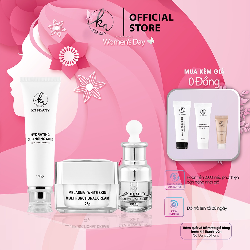 Khuyễn mãi Combo 3 sản phẩm Ngừa Nám Trắng Da KN Beauty Kem dưỡng 25g + Serum 30ml+ Sửa rữa mặt 100ml tặng set mini