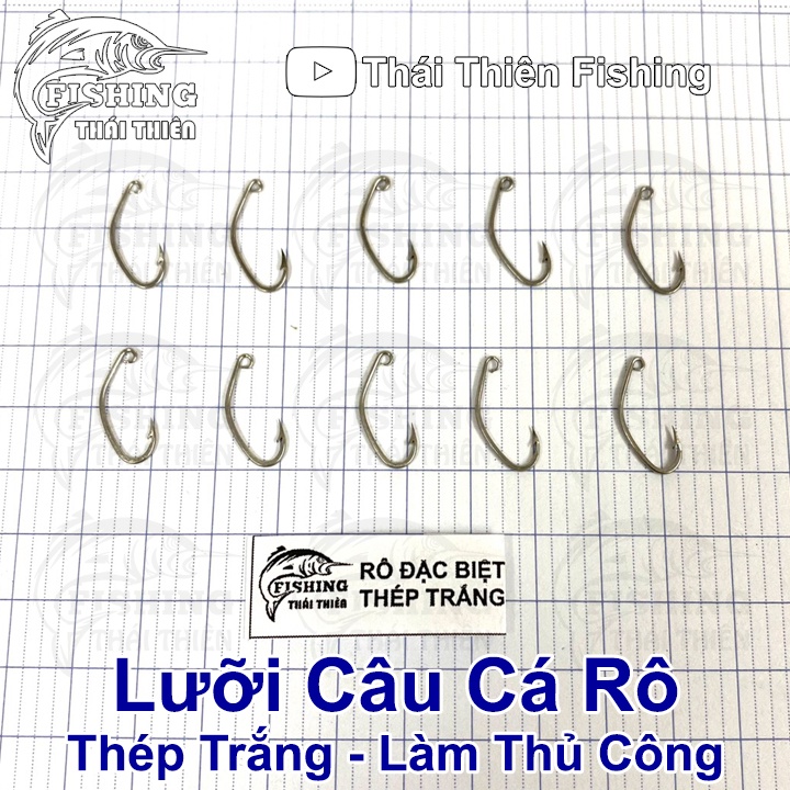 Lưỡi Câu Cá Rô Thép Trắng Đặc Biệt Làm Thủ Công Có Ngạnh Xỏ Lỗ Vỉ 10 Cái Nhiều Kích Thước