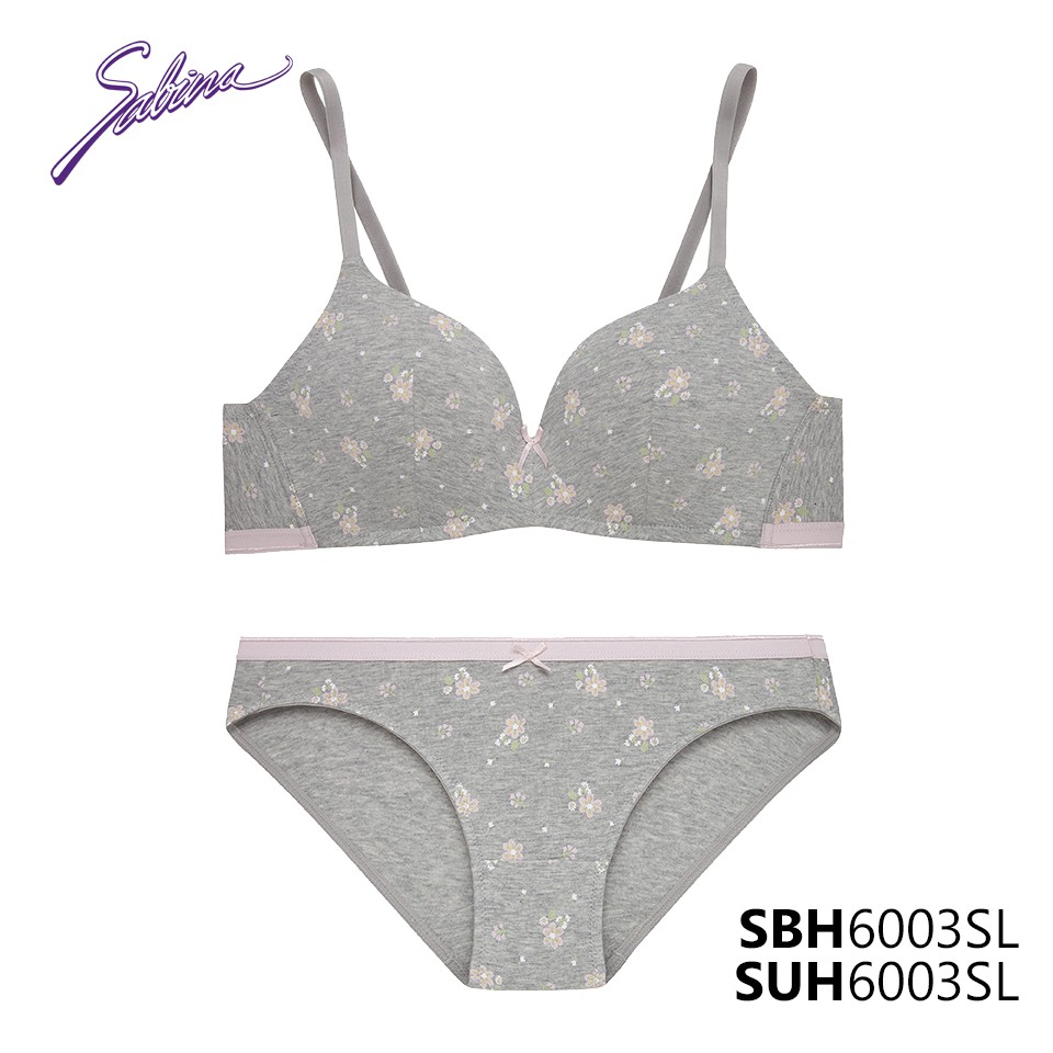 Combo Áo Lót Không Gọng Mút Dày Vừa Và Quần Đồng Bộ Xám Viền Hồng Phối Hoa Văn Soft Doomm By Sabina SBH6003SL+SUH6003SL