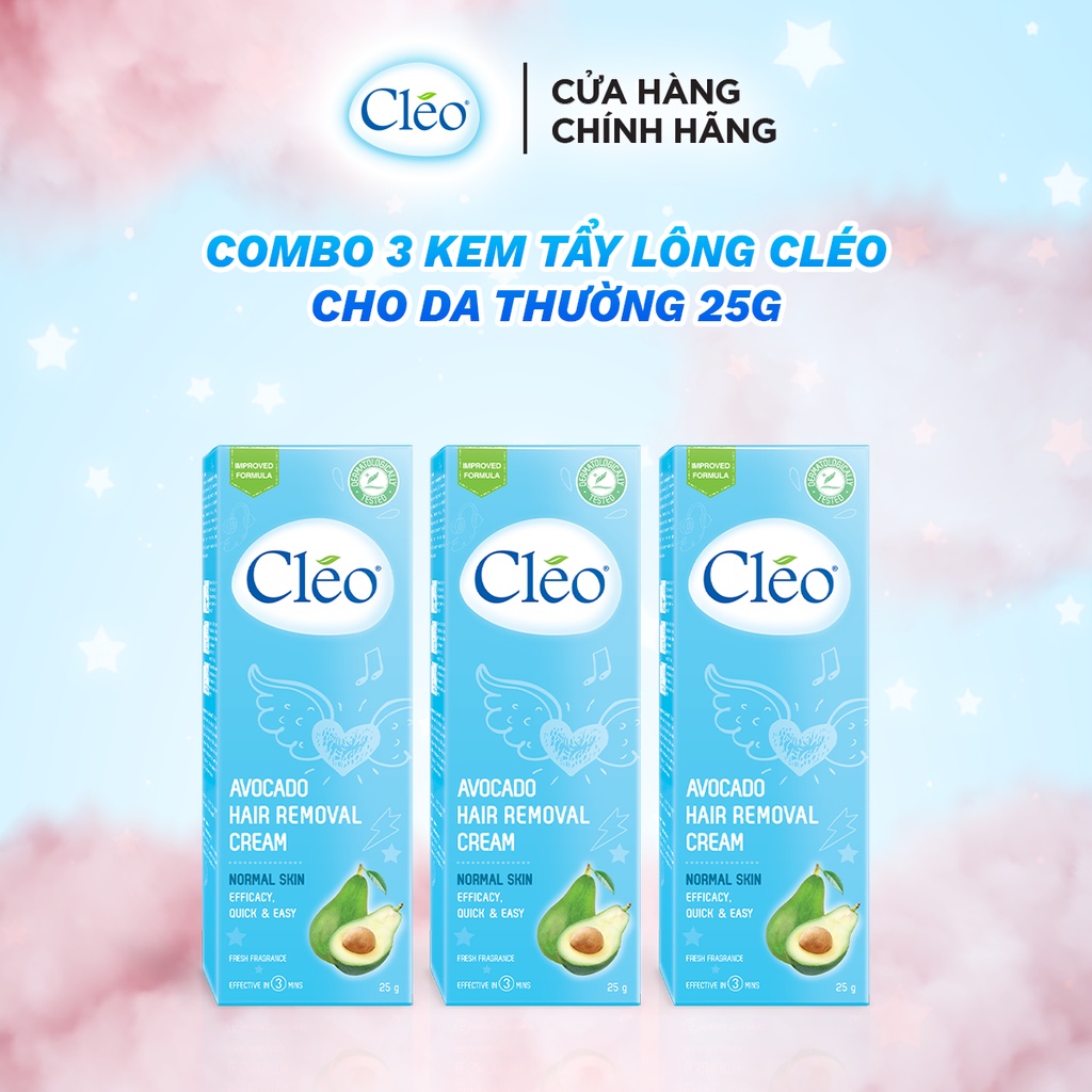 Combo 3 kem tẩy lông Cléo 25g/ hộp cho da thường Cléo Avocado Hair Removal Cream Normal Skin từ bơ an toàn, hiệu quả