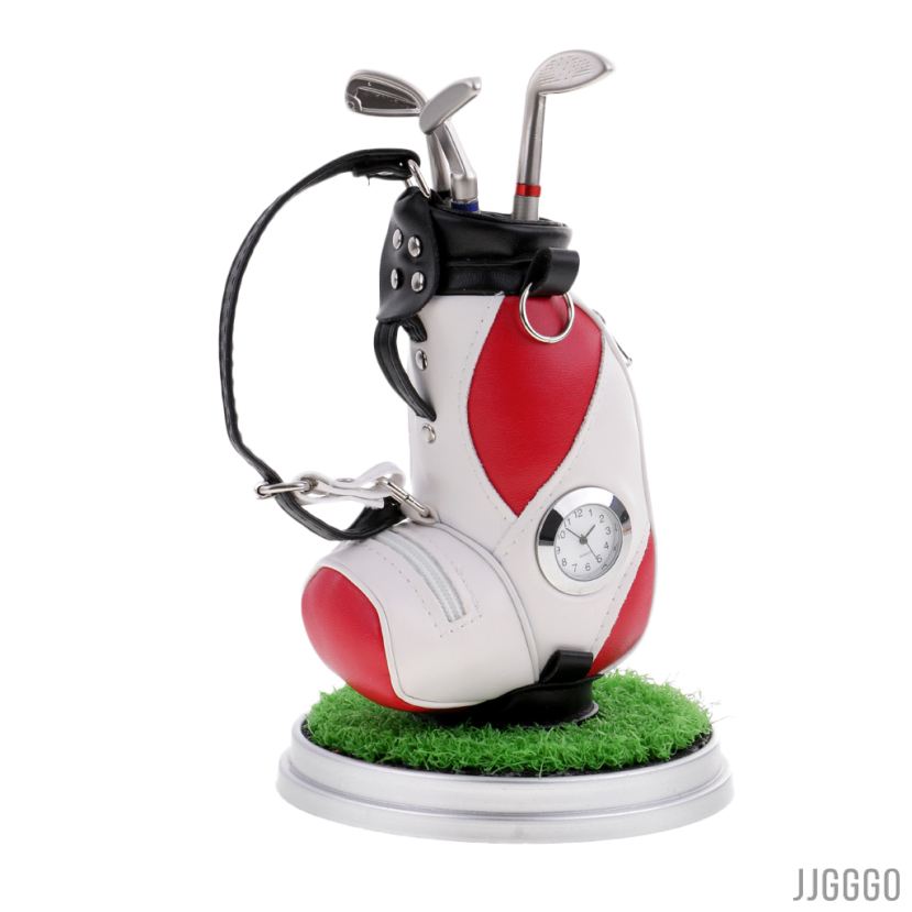 Desktop Golf Bag Pen Holder with Clock & Lawn Base & 3 Golf Club Pens Decor Souvenir