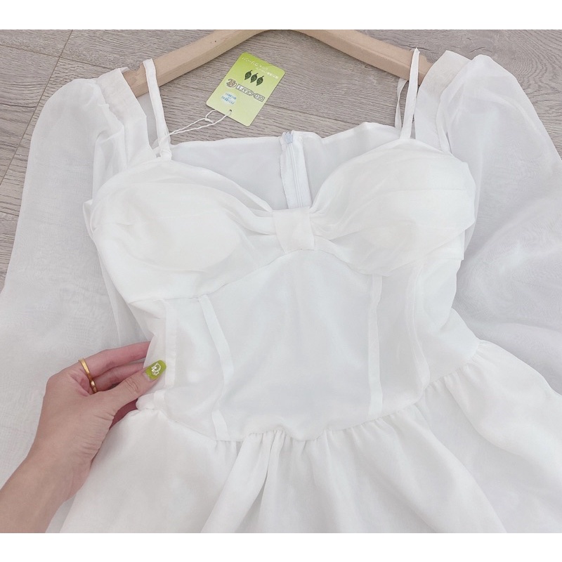 Váy đầm nữ cúp ngực 2 dây trễ vai dài tay nơ siêu xinh váy trắng | BigBuy360 - bigbuy360.vn