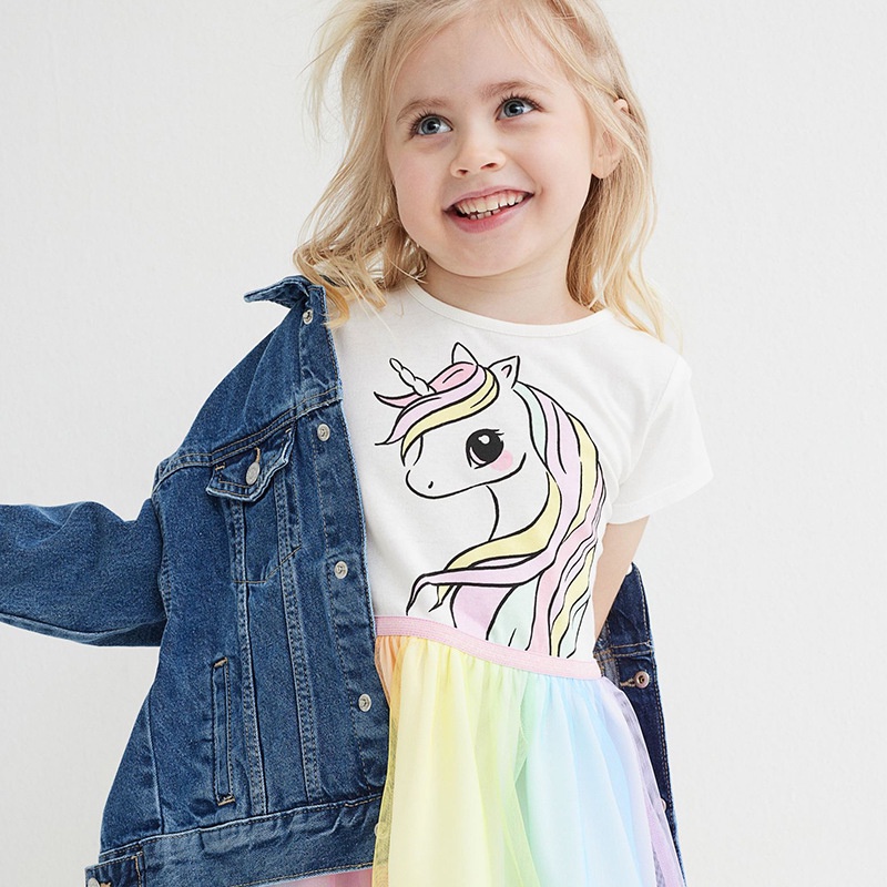 Váy Trắng Pony Cầu Vồng Phối Ren Cho Bé Gái 10-28kg