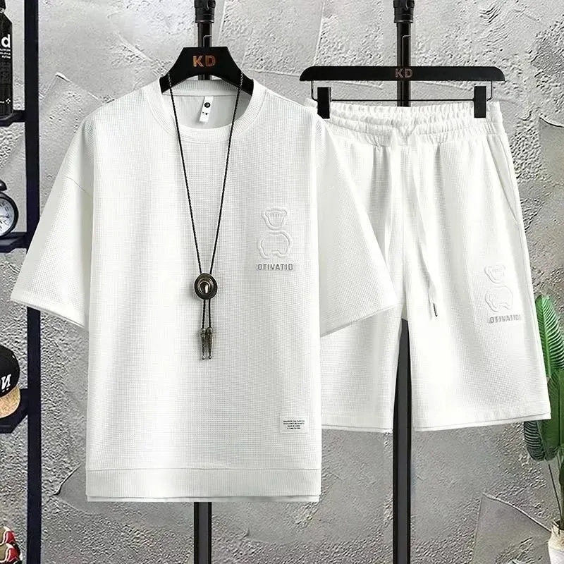 Bộ đồ，áo phông nam，Set Áo Thun Ngắn Tay + Quần short Ống Rộng Thời Trang Mùa Hè Dành Cho Nam，áo nam，áo sơ mi nam，đồ bộ nam，thời trang nam。quần đùi nam， quần short nam，quần đùi thể thao nam，